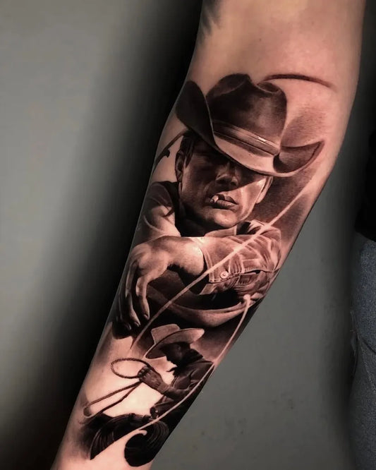 Big Realism Cowboy with Lasso and Horse Tattoo on Men Arm by @evgeniyshvyrev