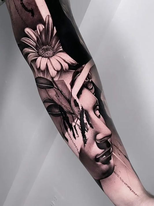 Big Realism Daisy Face Tattoo on Women Arm by @profet_ink