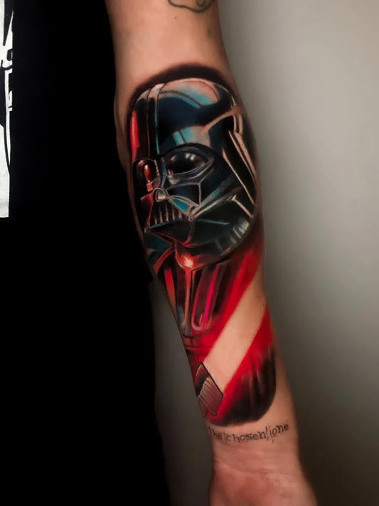 Big Realism Darth Vader Helmet Tattoo on Men Arm by @mich.tattooer