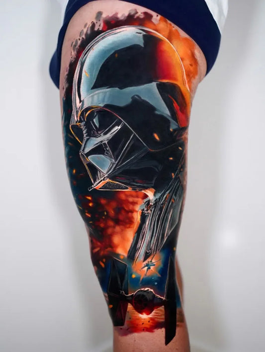 Big Realism Darth Vader with Flames Star Wars Tattoo on Men Thigh by @michaeltaguet