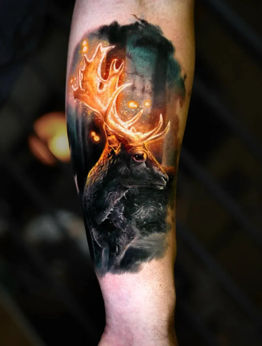 Big Realism Deer with Flames Tattoo on Men Arm by @daneztattoo