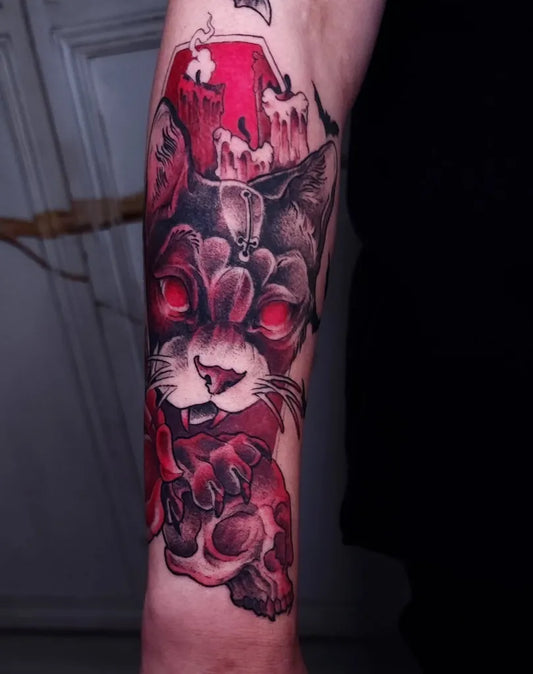 Big Realism Demon Cat Skull Tattoo on Men Arm by @skyeblue_tattoo