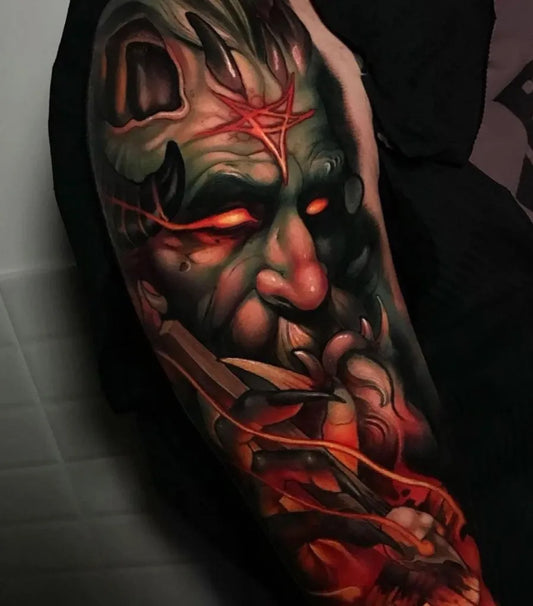 Big Realism Demon Skull Tattoo on Men Arm by @tattoosnob
