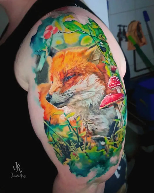 Big Realism Fox Mushroom Forest Tattoo on Men Shoulder by @jacindarose.art