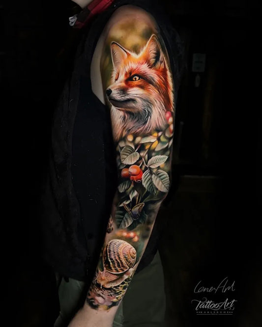 Big Realism Fox with Berries and Shell Men Arm Tattoo on Men by @tattooartkarlsruhe