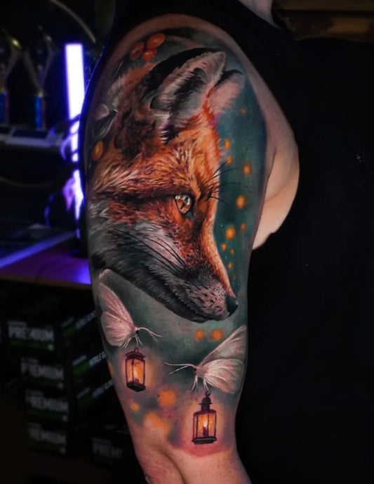 Big Realism Fox with Lanterns and Butterflies Nature Tattoo on Women Arm by @tyetremblay