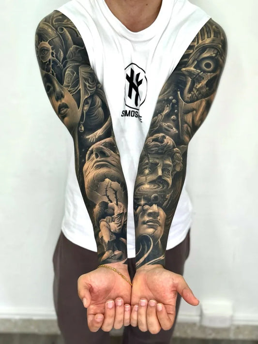 Big Realism Greek Masks Tattoo on Men Arms by @hernanyepes_art