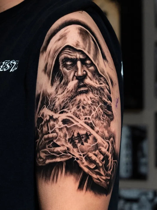 Big Realism Hooded Bearded Man Tattoo on Men Arm by @kevinflemingtattoo