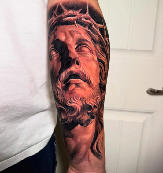 Big Realism Jesus Christ with Crown of Thorns on Men Arm Religious Tattoo by @j_fernandeztattoo