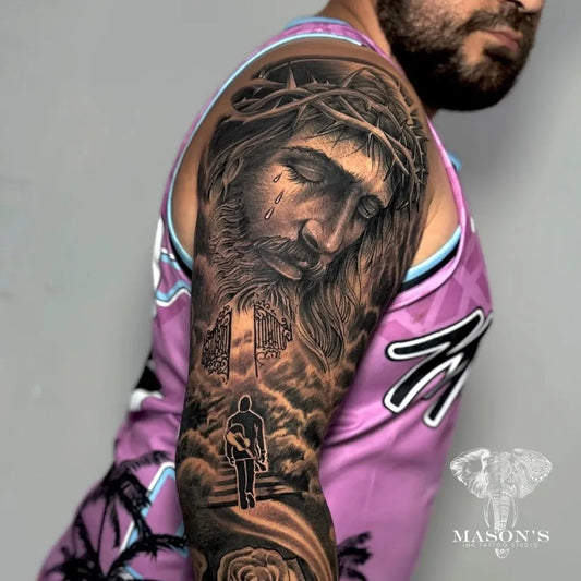 Big Realism Jesus Christ with Stairs and Palm Trees on Men Arm Religious Tattoo by @masonsinkstudio_bali