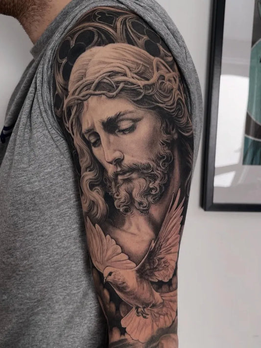 Big Realism Jesus Dove on Men Arm Religious Tattoo by @juanpaoloocampo