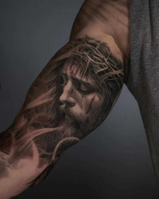 Big Realism Jesus with Crown of Thorns on Men Arm Religious Tattoo by @franciscosanchez_tattoo