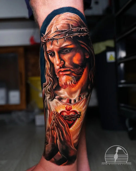 Big Realism Jesus with Sacred Heart and Praying Hands on Men Thigh Religious Tattoo by @joshwilliamstattoo