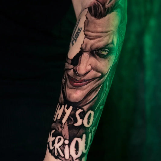 Big Realism Joker with Why So Serious text on Men Arm Tattoo by @ronch.tattoos