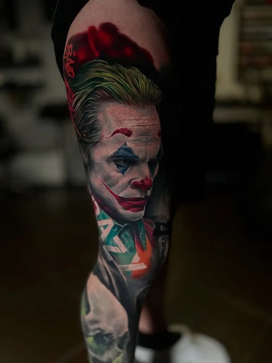 Big Realism Joker with skull and rose on Men leg Tattoo by @alexander__lysov