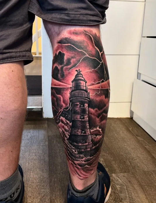 Big Realism Lighthouse Storm Tattoo on Men Leg by @hermes.tattoo