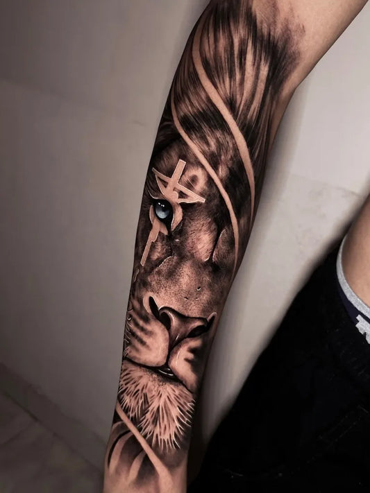 Big Realism Lion with Cross Tattoo on Men Arm by @raylonfreitastattoo