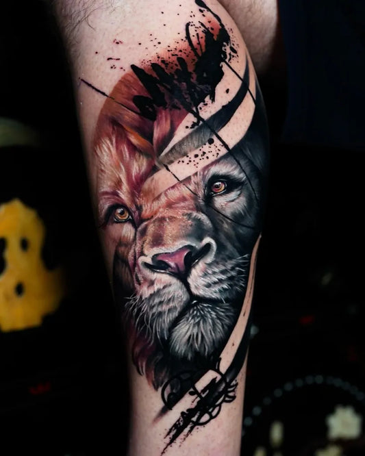 Big Realism Lion with splatter on Men Arm Tattoo by @ina_pineapple_tattoo