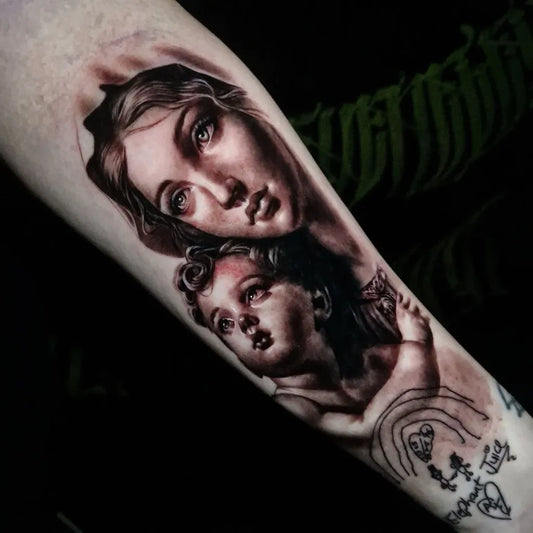 Big Realism Madonna and Child on Women Forearm Tattoo by @jadelouisetattoos