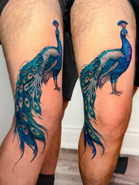 Big Realism Matching Peacock Tattoo on Men Leg by @peria_tattoo