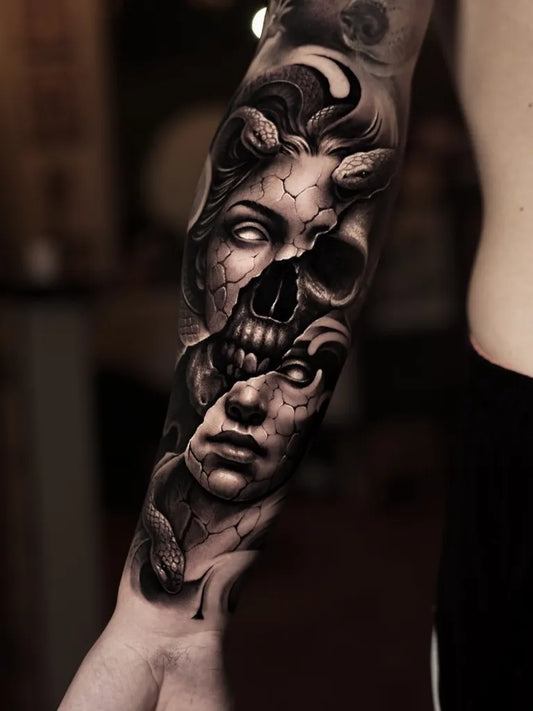 Big Realism Medusa Skull Snake Tattoo on Men Arm by @davidsalcedotattoo