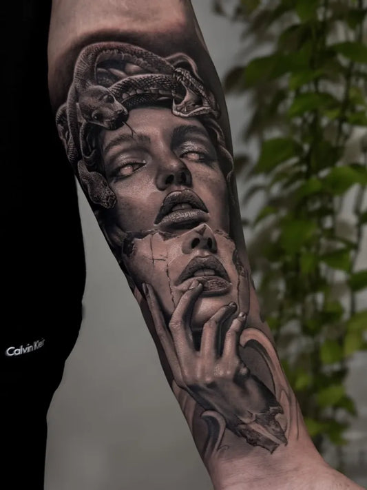Big Realism Medusa Tattoo on Men Arm by @coimbratattoo_