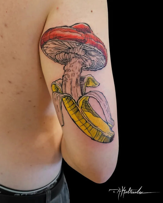Big Realism Mushroom and Banana on Men Arm Tattoo by @trkaltreider