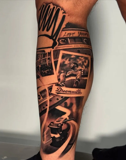 Big Realism Music Player Photo Frame Tattoo on Men Leg by @art_by_geezus