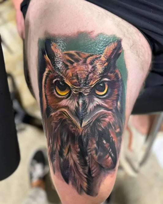 Big Realism Owl Animal Tattoo on Men Thigh by @aisle9tattoo