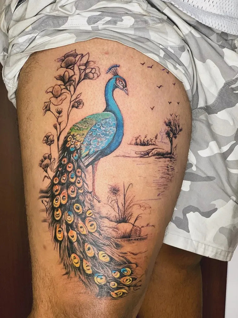 Big Realism Peacock and Flowers Tattoo on Men Thigh by @verma_tattoo