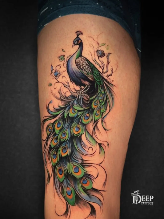 Big Realism Peacock with Flowers Tattoo on Women Thigh by @deep_tattooz