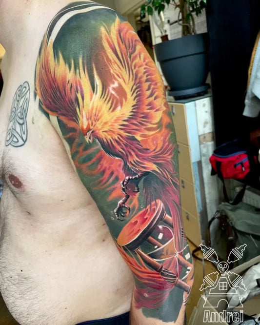 Big Realism Phoenix Hourglass on Men Shoulder Tattoo by @lextremiste_arnhem