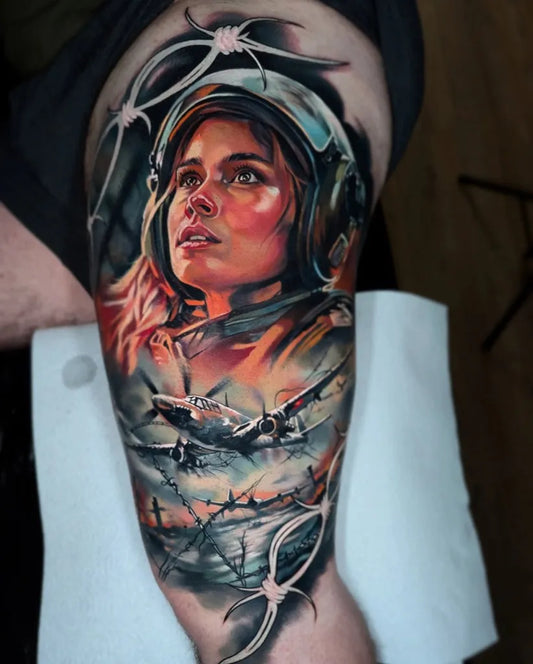 Big Realism Pilot Portrait with Airplane Barbed Wire Military Tattoo on Men Thigh by @fleetwoodtattoo.co