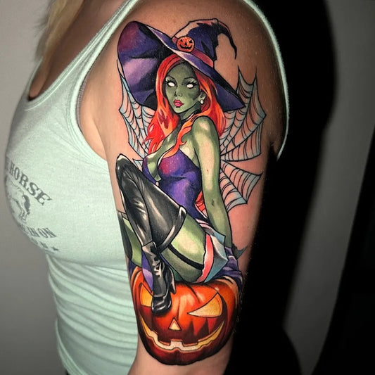 Big Realism Pin Up Witch with Pumpkin Tattoo on Women Shoulder by @bronbronink