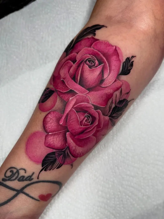 Big Realism Pink Roses and Dad Script on Women Arm Tattoo by @milayniechristinatattoos