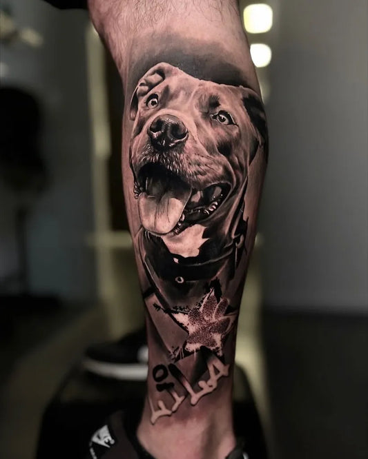 Big Realism Pitbull with Collar and Leaf Men Leg Tattoo on by @vangelis_zisopoulos