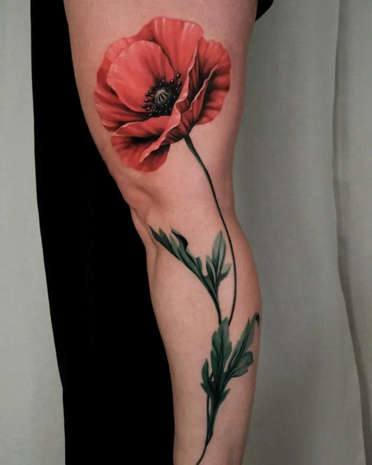 Big Realism Poppy Flower Tattoo on Women Thigh by @tattoo.studio.paragon