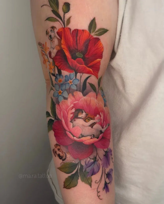 Big Realism Poppy Peony Forget Me Not Tattoo on Women Arm by @ma.ra.tattoo