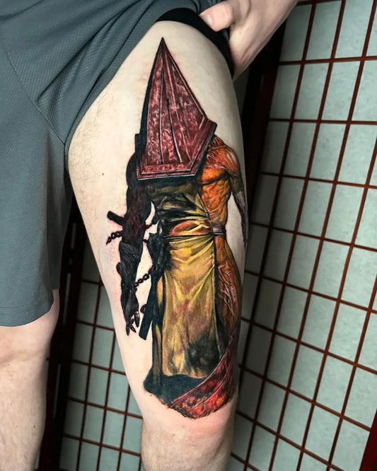 Big Realism Pyramid Head Horror Tattoo on Men Thigh by @rockymountaintattoo