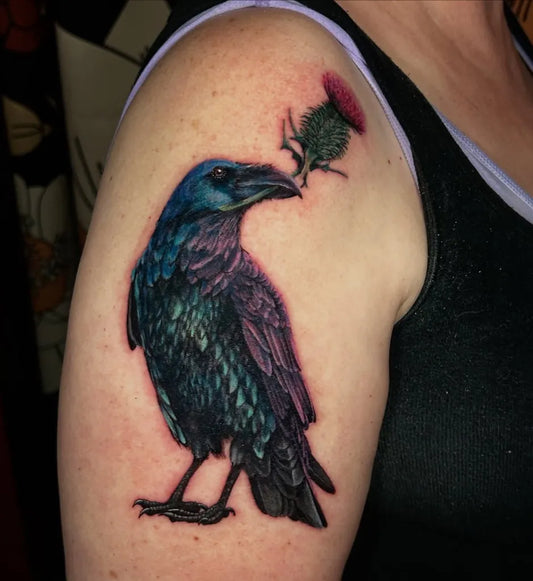Big Realism Raven with Thistle on Women Arm Tattoo by @paisleytattoos