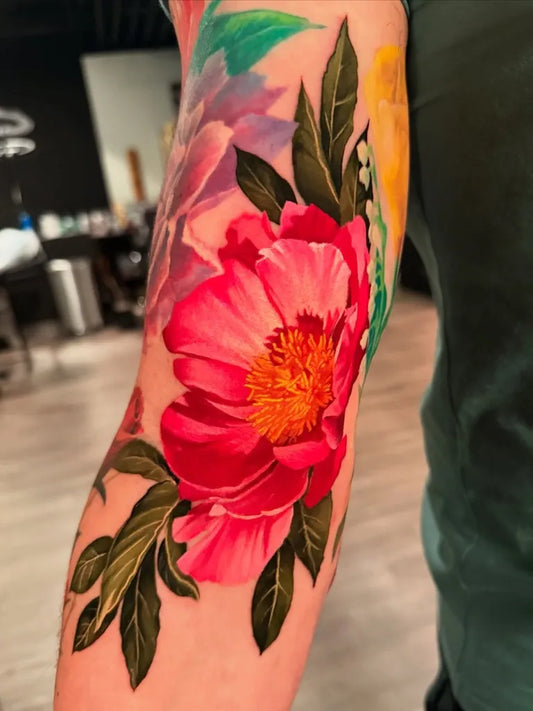 Big Realism Red Peony and Leaves on Women Arm Tattoo by @allisintattoos