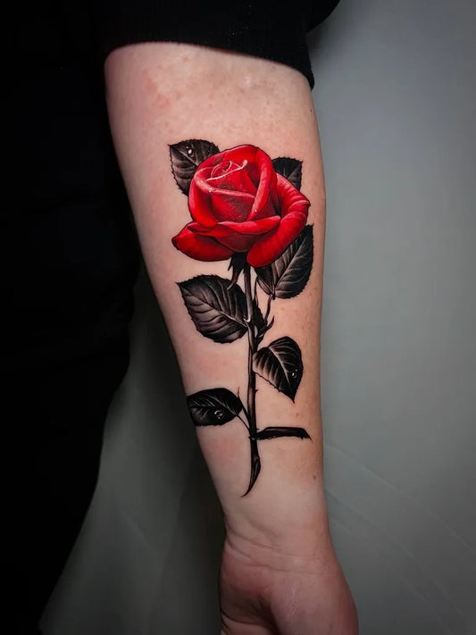 Big Realism Red Rose on Women Arm Tattoo by @pjscriv