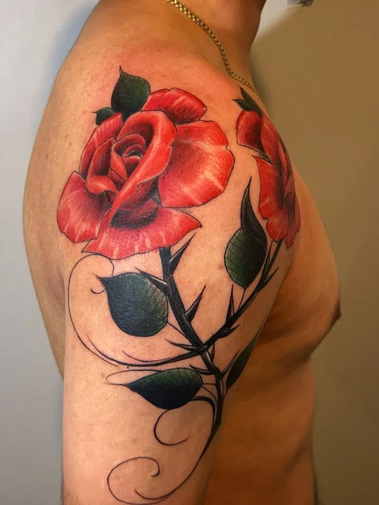 Big Realism Rose on Men Shoulder Tattoo by @chamaks4