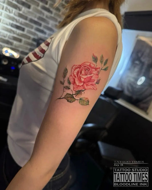 Big Realism Rose with Leaves on Women Arm Tattoo by @tattoo.times