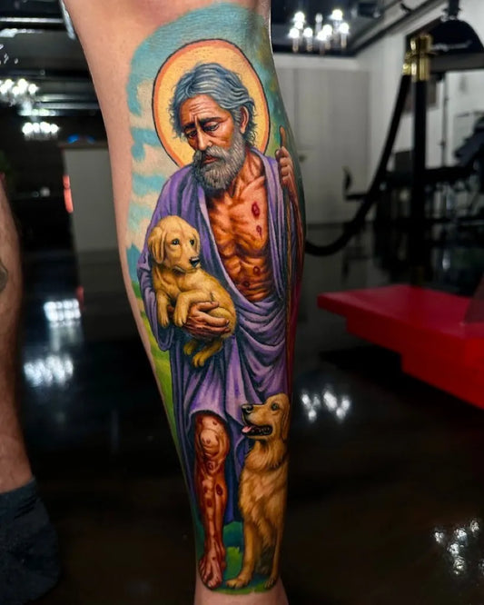 Big Realism Saint with Golden Retrievers on Men Thigh Religious Tattoo by @chrissagetattoo