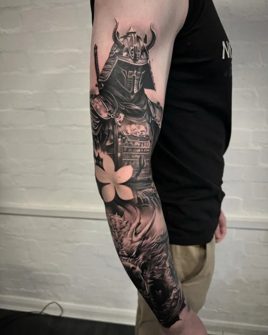 Big Realism Samurai Flower Waves Tattoo on Men Arm by @mattlunntattoos