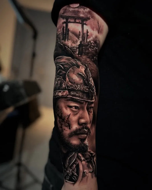 Big Realism Samurai Torii Gate Tattoo on Men Arm by @jonnytattoo_