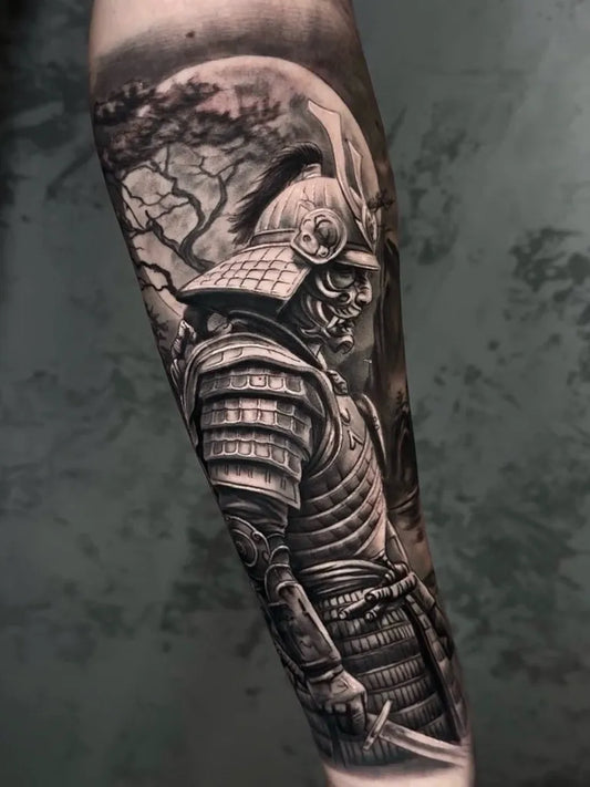 Big Realism Samurai in Armor with Sword and Moon Tattoo on Men Arm by @ceretotattoo