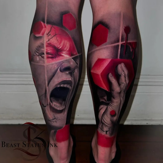Big Realism Screaming Face with Geometric Shapes Tattoo on Women Calf by @beast.status.ink