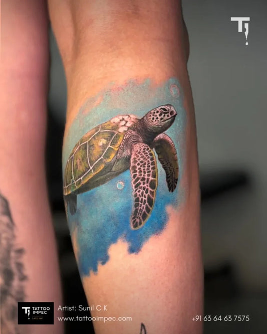 Big Realism Sea Turtle Tattoo on Women Leg by @tattoo_impec_mysuru